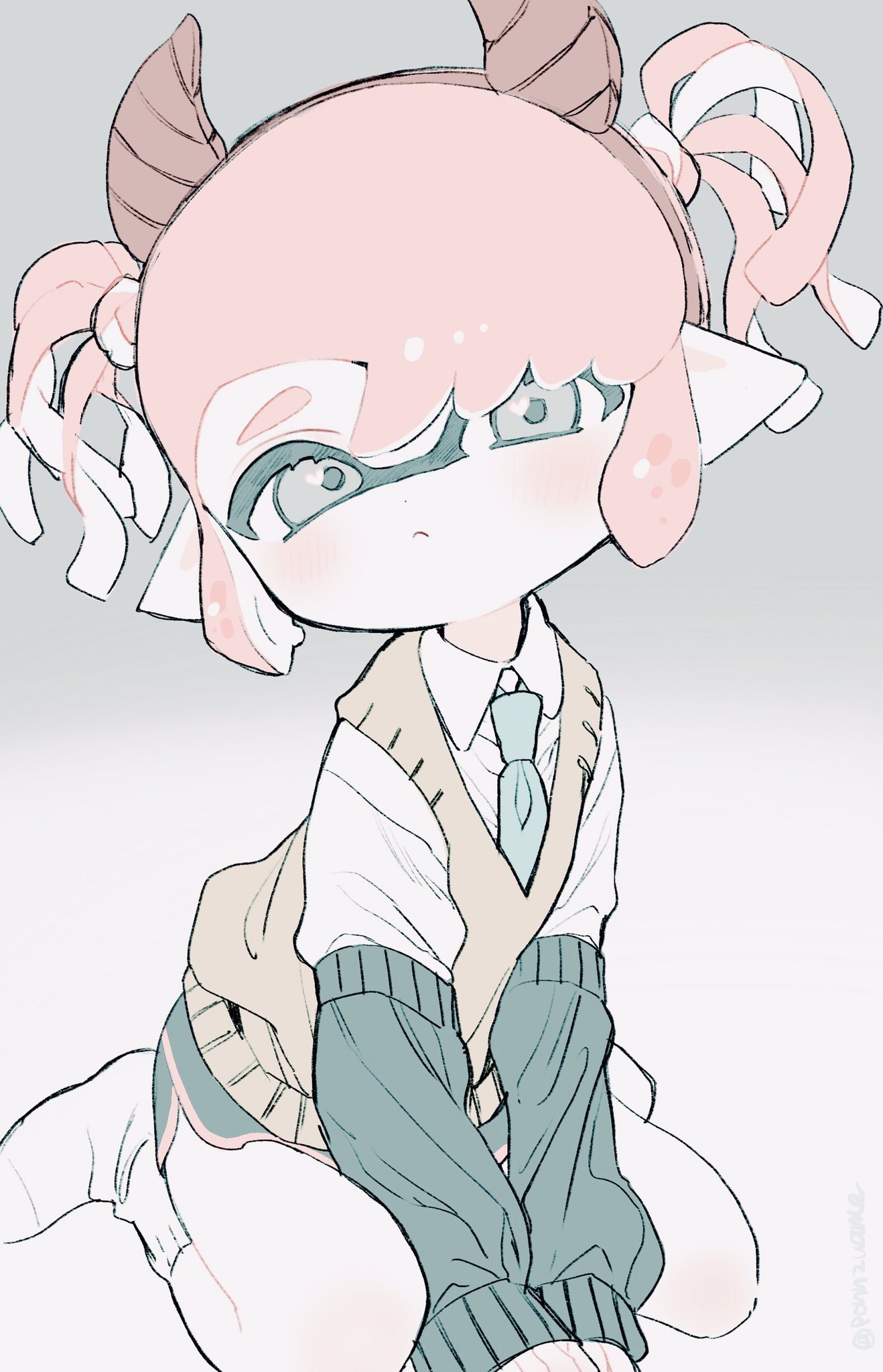 1girl :&lt; amezawa_koma aqua_necktie black_shorts brown_sweater_vest detached_sleeves fake_horns frown gradient gradient_background grey_background grey_eyes grey_sleeves half-closed_eyes head_tilt highres horns inkling inkling_girl looking_at_viewer necktie on_floor pink_hair pointy_ears shirt short_hair short_shorts shorts simple_background sitting sleeveless sleeves_past_wrists socks splatoon_(series) splatoon_2 sweater_vest tentacle_hair twintails white_shirt white_socks