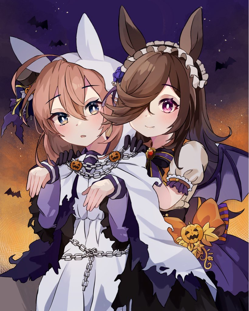 2girls ahoge animal_ears bangs bat_wings black_bow black_bowtie black_gloves black_hair black_hairband black_headwear black_sky blue_eyes blue_flower blue_rose blue_shirt blue_wings bow bowtie bright_pupils brooch brown_hair chain cloak closed_mouth coco_(coco_rr) collared_shirt commentary demon_wings dress english_commentary fang flower frilled_hairband frilled_sleeves frills gloves gradient_sky hair_flower hair_ornament hairband halloween halloween_costume hands_on_another's_shoulders hat high-waist_skirt hood hood_up hooded_cloak horse_ears horse_girl jack-o'-lantern_ornament jewelry light_frown long_bangs long_hair long_sleeves looking_at_viewer make_up_in_halloween!_(umamusume) mihono_bourbon_(ghosty_and_the_magic_of_halloween)_(umamusume) mihono_bourbon_(umamusume) mini_hat mini_top_hat multiple_girls night night_sky official_alternate_costume open_mouth orange_bow orange_sky puffy_short_sleeves puffy_sleeves purple_skirt rice_shower_(make_up_vampire!)_(umamusume) rice_shower_(umamusume) rose school_uniform shirt short_sleeves skirt skirt_bow sky smile standing star_(sky) starry_sky top_hat torn_cloak torn_clothes tracen_school_uniform umamusume violet_eyes white_cloak white_dress white_pupils white_shirt wings