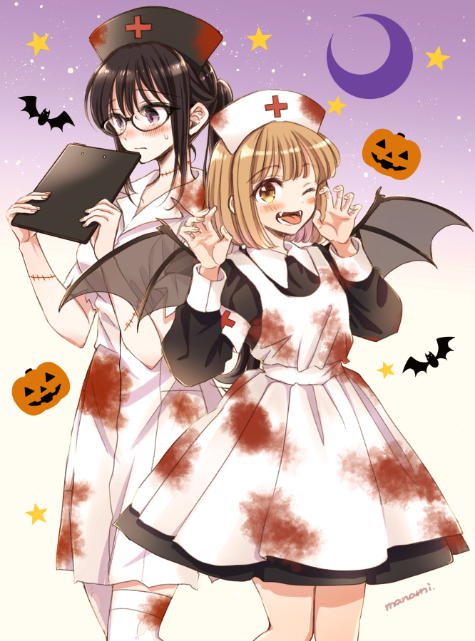 2girls animal apron armband bangs bat_(animal) black-framed_eyewear black_dress black_headwear black_wings blood blood_on_clothes blush breasts brown_eyes brown_hair clipboard commentary_request crescent_moon cross dress embarrassed fake_wings fangs glasses halloween halloween_costume hands_up hat himawari-san himawari-san_(character) holding holding_clipboard jack-o'-lantern kazamatsuri_matsuri light_brown_hair long_hair long_sleeves looking_at_viewer looking_away lower_teeth medium_breasts moon multiple_girls nurse nurse_cap one_eye_closed ponytail red_cross shiny shiny_hair short_hair short_sleeves signature standing star_(sky) star_(symbol) stitches sugano_manami sweat teeth thigh-highs tongue tongue_out torn_clothes torn_dress violet_eyes white_apron white_armband white_dress white_headwear white_thighhighs wings