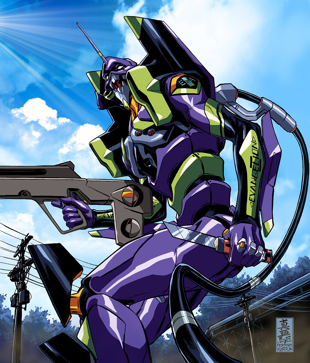 artist_name cable clouds eva_01 gun highres holding holding_gun holding_knife holding_weapon horns knife mark_brooks mecha neon_genesis_evangelion no_humans open_mouth power_lines rebuild_of_evangelion robot science_fiction single_horn sky solo weapon western_comics_(style) white_eyes