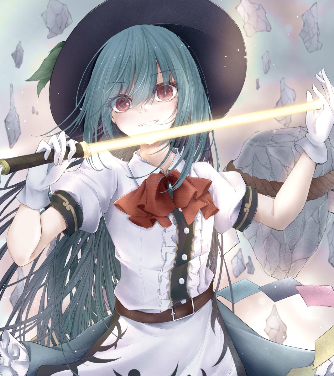 1girl belt black_headwear blue_hair blue_skirt closed_mouth cowboy_shot gloves highres hinanawi_tenshi holding holding_sword holding_weapon leaf long_hair looking_at_viewer outdoors rainbow_order red_eyes rei_rf rock short_sleeves skirt solo standing sword sword_of_hisou touhou weapon white_gloves