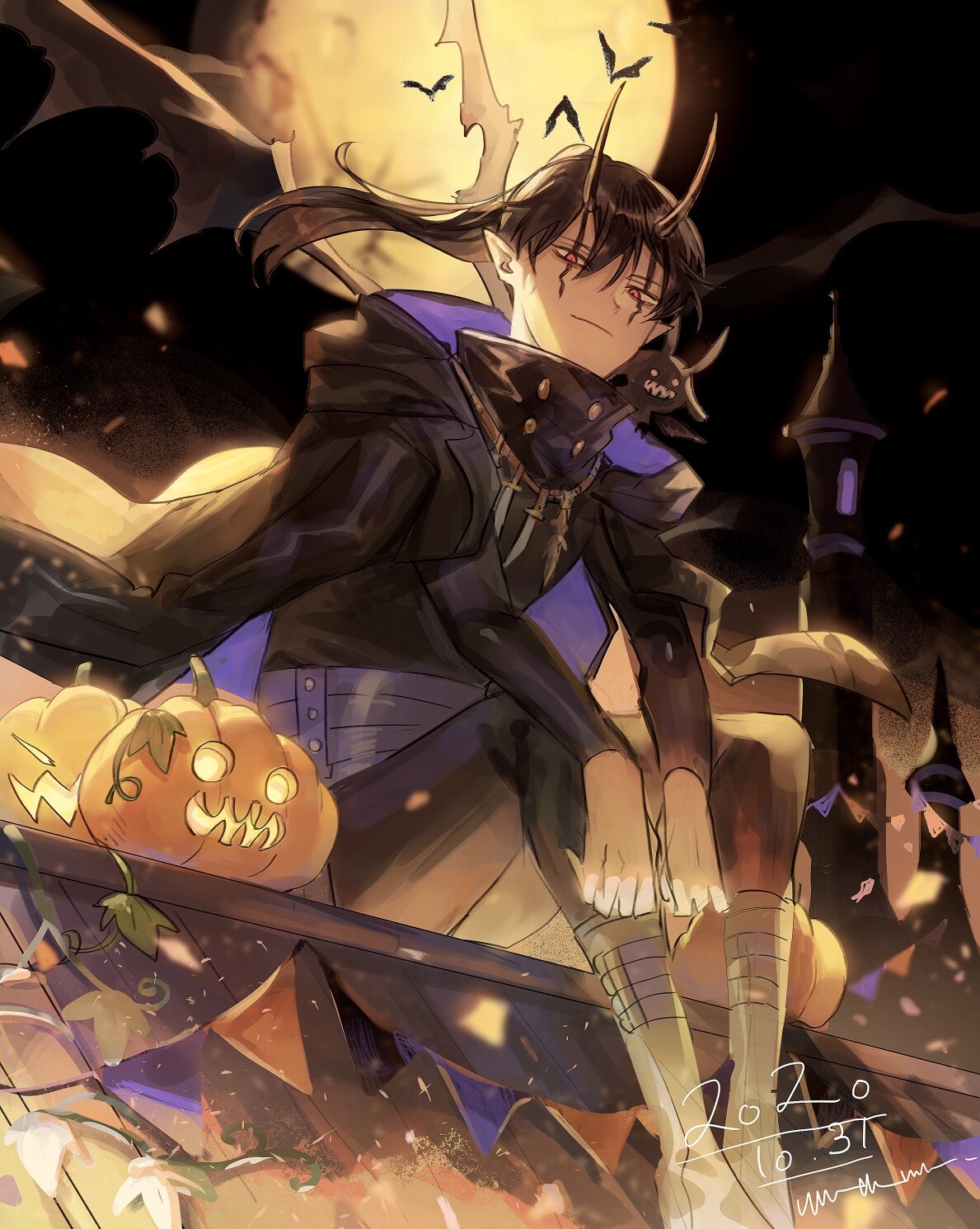 black_cloak black_clover black_hair black_pants black_shirt cloak demon demon_horns demon_wings facial_mark halloween highres hood hooded_cloak horns nacht_faust pants ponytail pumpkin red_eyes rooftop shirt sitting_on_roof sitting_on_shoulder strap tsugutoku wings