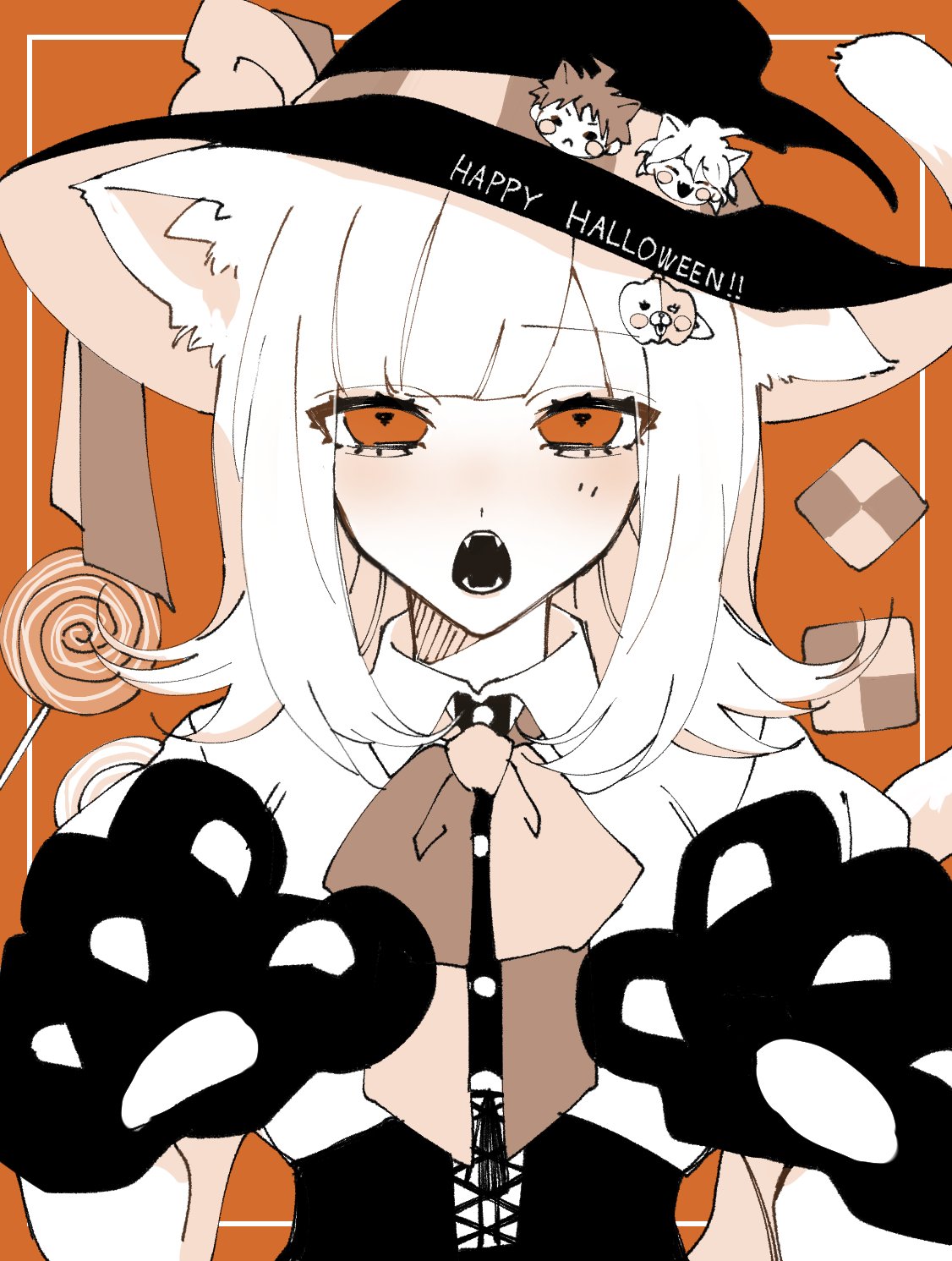 1girl alternate_hair_ornament animal_ears animal_hands bangs bow bowtie candy cat_ears cat_paws cat_tail collared_shirt corset danganronpa_(series) danganronpa_2:_goodbye_despair dress_shirt fangs flipped_hair food hands_up hat highres hinata_hajime kemonomimi_mode komaeda_nagito lollipop looking_at_viewer medium_hair monomi_(danganronpa) nanami_chiaki open_mouth orange_background orange_eyes puffy_short_sleeves puffy_sleeves ru-pe_(gstm_0915) shirt short_sleeves solo tail teeth upper_body witch_hat