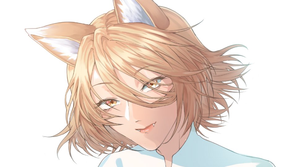 1girl animal_ears arumimangotroid blonde_hair fangs fangs_out fox_ears fox_girl high_collar kudamaki_tsukasa lips looking_at_viewer short_hair simple_background slit_pupils smile solo touhou white_background yellow_eyes