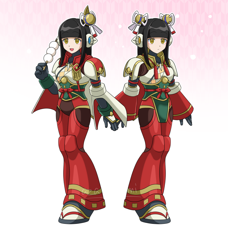 2girls :d android artist_name bangs black_gloves black_hair blunt_bangs capcom company_connection dango digitigrade fewer_digits food full_body geta gloves hair_ornament hand_up hinoa hip_vent japanese_clothes joints long_hair mega_man_(series) minoto monster_hunter_(series) monster_hunter_rise multiple_girls open_mouth robot_ears robot_joints siblings sisters smile socks standing tabi togeshiro_azami turtleneck twins wagashi white_socks yellow_eyes