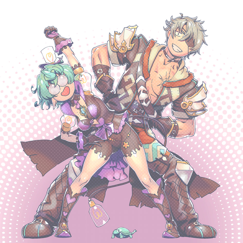 1boy 1girl :d arm_up bare_shoulders black_eyes black_gloves black_hair black_jacket black_shorts boots brown_footwear chest_jewel eyepatch full_body glasses gloves grin hands_on_hips jacket knee_boots looking_at_viewer natto_soup open_mouth pandoria_(xenoblade) pink_background short_hair shorts smile teeth two-tone_background white_background xenoblade_chronicles_(series) xenoblade_chronicles_2 zeke_von_genbu_(xenoblade)