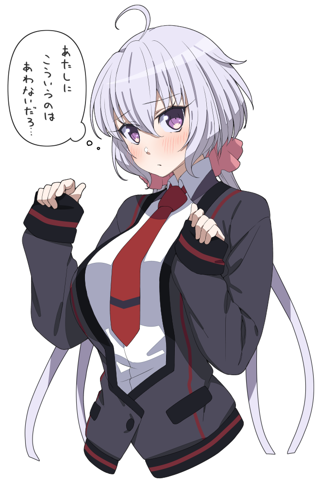 1girl ahoge alternate_costume blush breasts cropped_legs grey_cat hair_between_eyes hair_ornament hair_scrunchie large_breasts light_purple_hair long_hair looking_at_viewer necktie pink_scrunchie red_necktie scrunchie senki_zesshou_symphogear shirt sleeves_past_wrists solo thought_bubble translation_request tsukamoto_kensuke twintails violet_eyes white_shirt yukine_chris