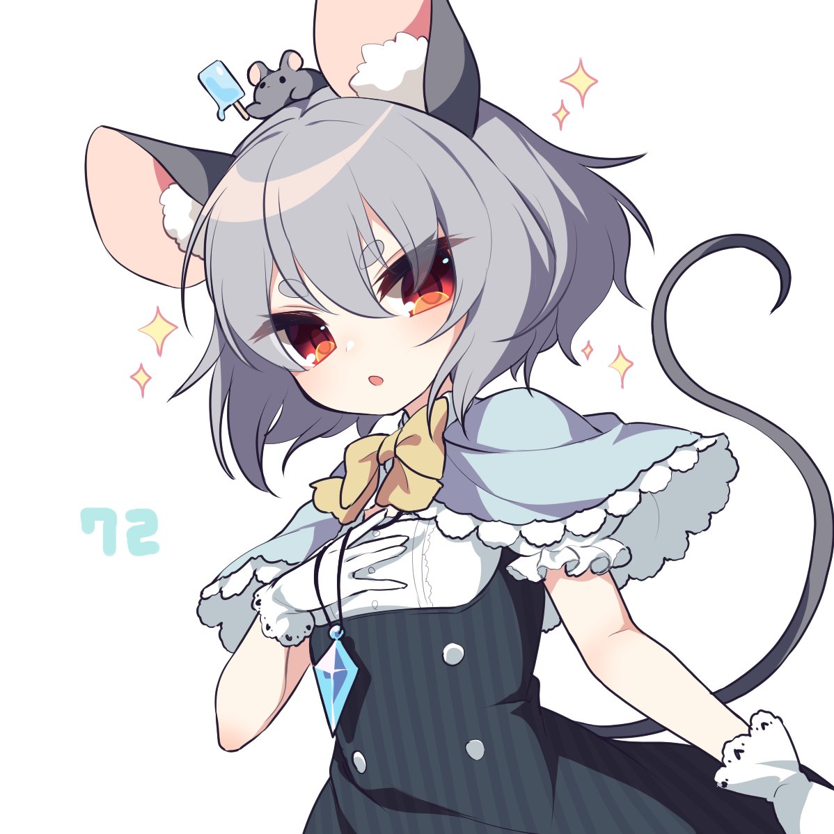 +++ +_+ 1girl ^^^ animal animal_ears animal_on_head bow bowtie capelet diffraction_spikes doyagao glint gloves grey_hair hair_between_eyes jewelry kozakura_(dictionary) lens_flare looking_at_viewer mouse mouse_ears mouse_girl mouse_tail nazrin on_head open_mouth pendant red_eyes short_hair simple_background smug sparkle sparkle_background sparkling_eyes star_(symbol) tail touhou white_background yellow_bow yellow_bowtie