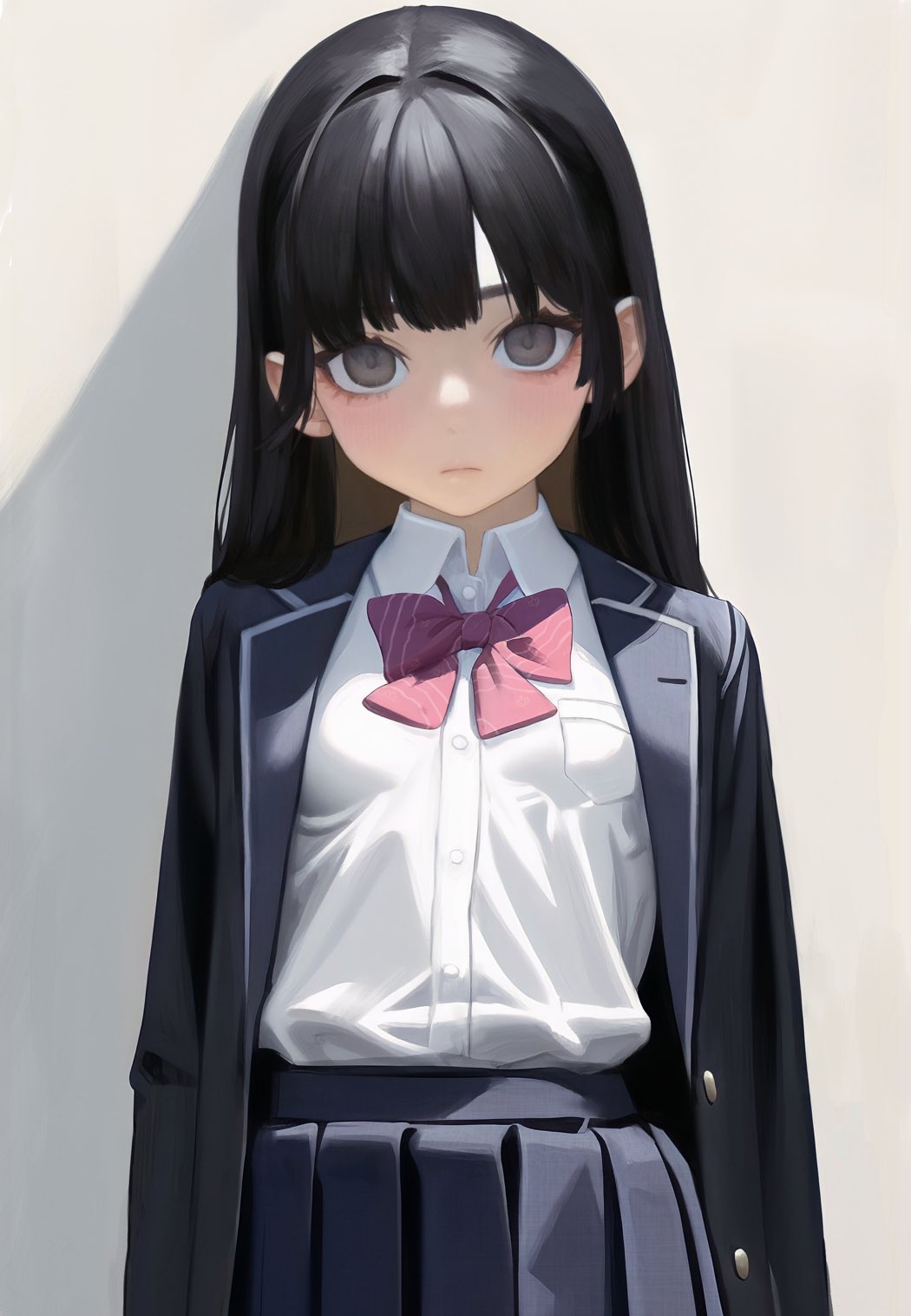 1girl bangs black_hair black_jacket breast_pocket breasts buttons character_request closed_mouth collared_shirt commentary copyright_request eyelashes gotenmocha grey_eyes highres jacket long_hair looking_at_viewer necktie open_clothes open_jacket pleated_skirt pocket school_uniform shirt skirt solo symbol-only_commentary white_shirt