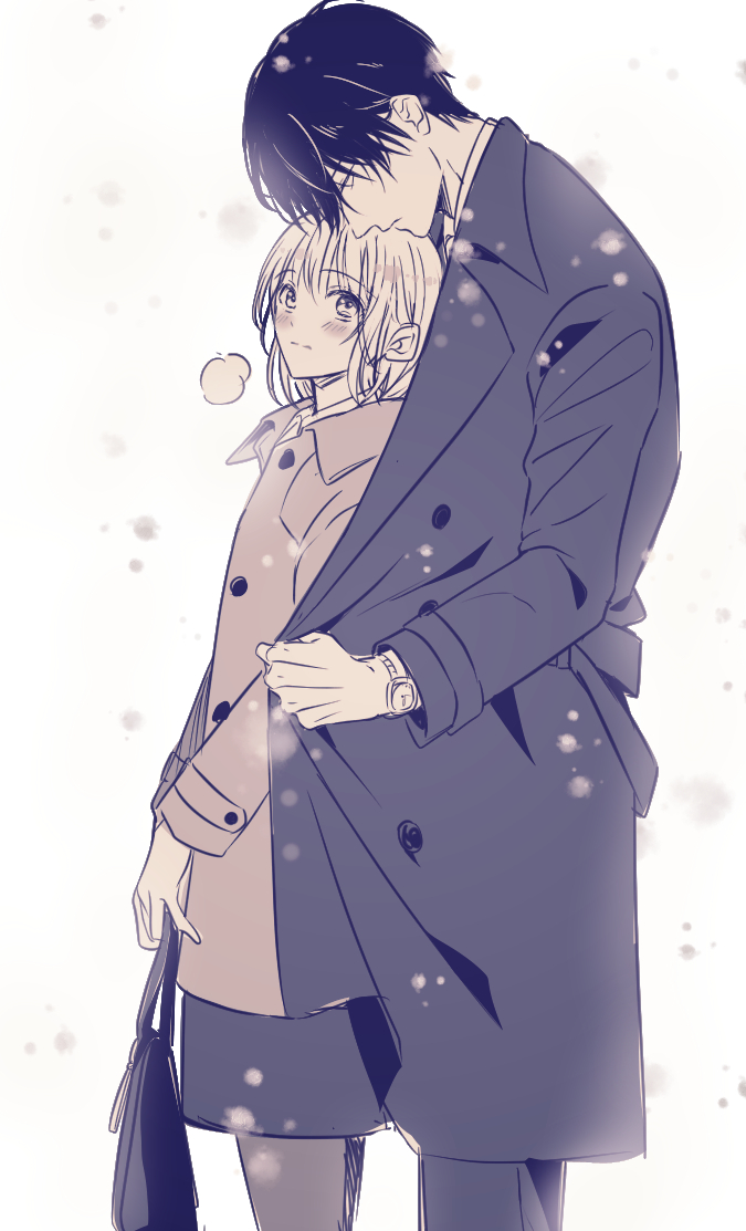 1boy 1girl bag black_hair blush coat couple hair_behind_ear handbag head_on_head head_rest height_difference holding holding_bag jacket long_sleeves original overcoat pants rera_(12169432) short_hair simple_background skirt snow watch watch white_background winter winter_clothes