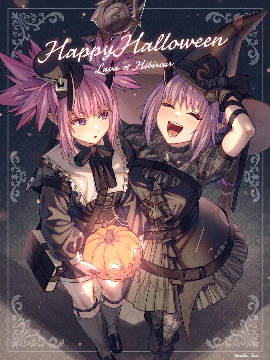 2girls :d ^_^ arknights arm_up bangs black_bow black_dress black_footwear black_gloves black_headwear black_shirt black_shorts boots bow breasts character_name closed_eyes commentary_request dress food from_above gloves grey_socks hair_between_eyes happy_halloween hat hat_bow hibiscus_(arknights) highres holding holding_food holding_pumpkin holding_staff holding_vegetable horns horns_through_headwear jack-o'-lantern kneehighs lava_(arknights) long_sleeves looking_at_another medium_breasts multiple_girls pantyhose parted_lips puffy_long_sleeves puffy_short_sleeves puffy_sleeves pumpkin purple_hair shirt shoes short_shorts short_sleeves shorts siblings sisters smile socks staff tanagawa_makoto twintails vegetable violet_eyes witch_hat