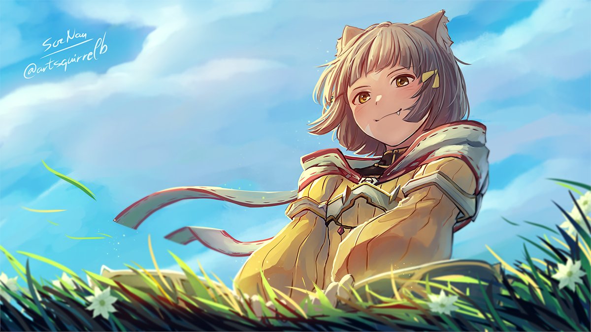 1girl animal_ears artist_name bangs blue_sky brown_eyes cat_ears cat_girl closed_mouth clouds cloudy_sky fang grass grey_hair long_sleeves looking_at_viewer nia_(xenoblade) outdoors short_hair signature sky smile soc_nau solo xenoblade_chronicles_(series) xenoblade_chronicles_2