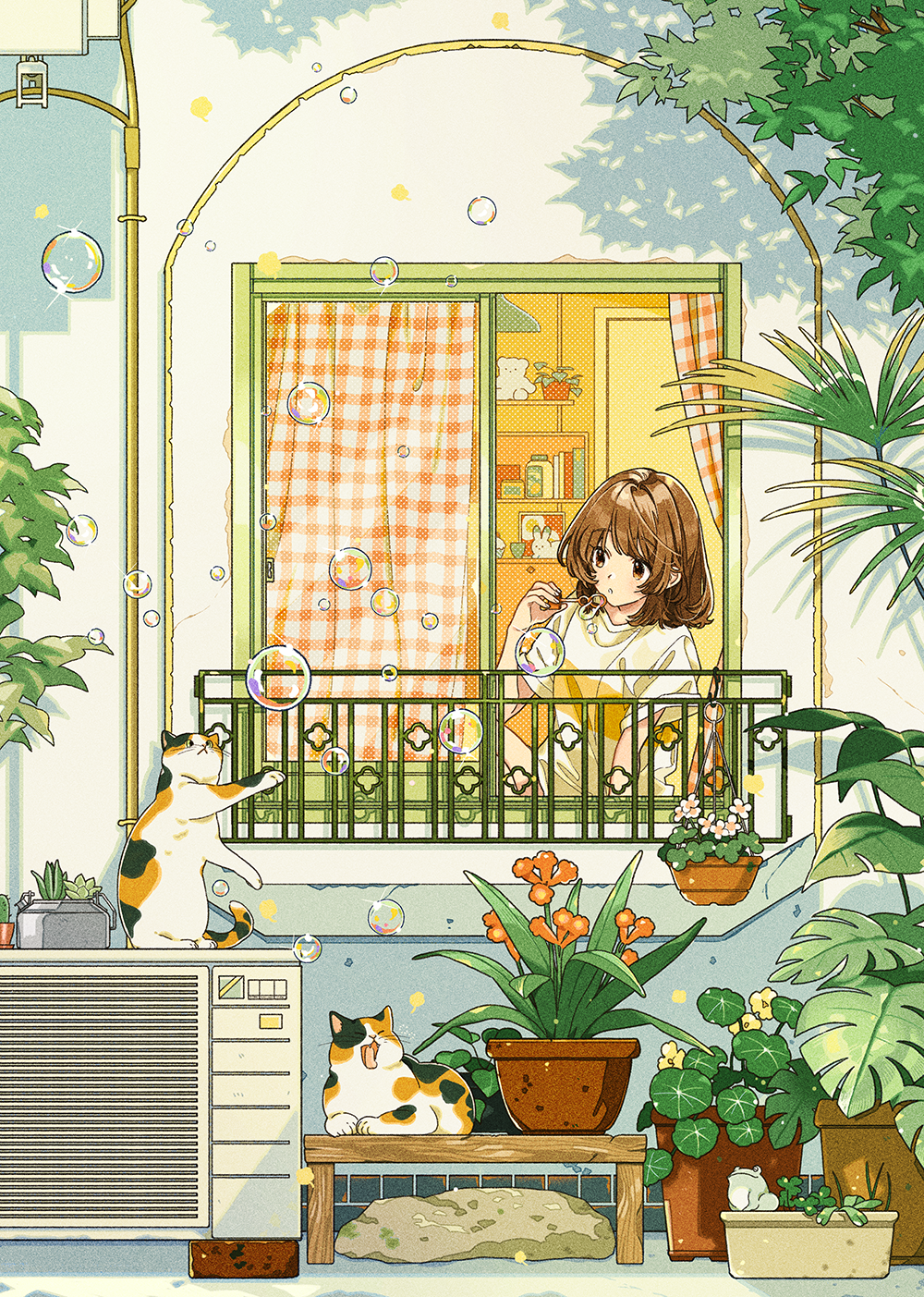 1girl brown_eyes brown_hair bubble bubble_blowing cat day highres keishin original plant potted_plant short_hair short_sleeves solo tree window
