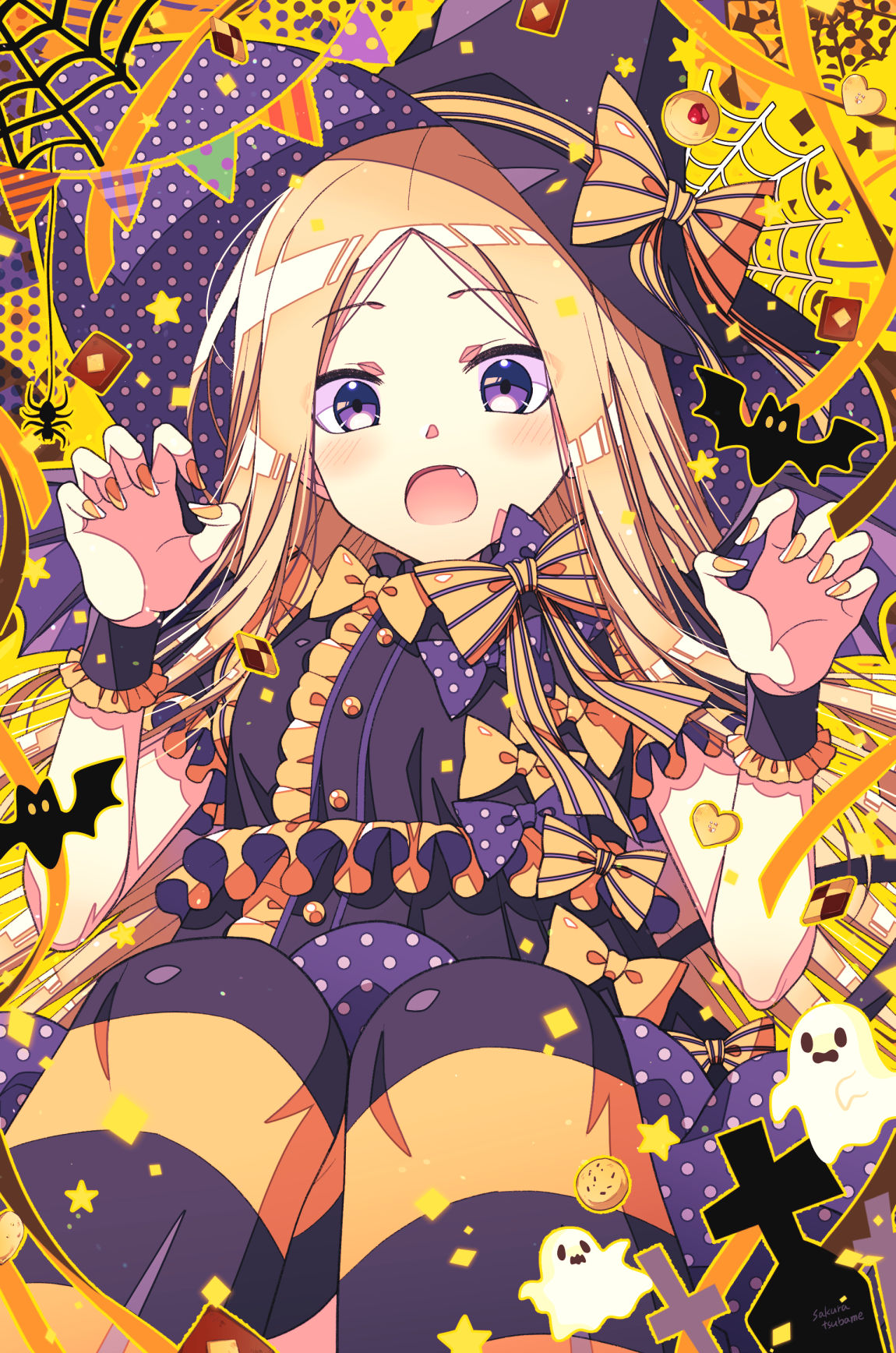 1girl abigail_williams_(fate) bangs bat_(animal) black_dress black_headwear blonde_hair blush bow bug claw_pose commentary_request cookie dress fang fate/grand_order fate_(series) food forehead frilled_dress frills halloween hands_up hat hat_bow highres long_hair nail_polish open_mouth orange_bow orange_nails parted_bangs pennant polka_dot polka_dot_bow purple_bow sakura_tsubame silk solo spider spider_web string_of_flags striped striped_bow striped_thighhighs thigh-highs thumbprint_cookie very_long_hair violet_eyes witch_hat wrist_cuffs