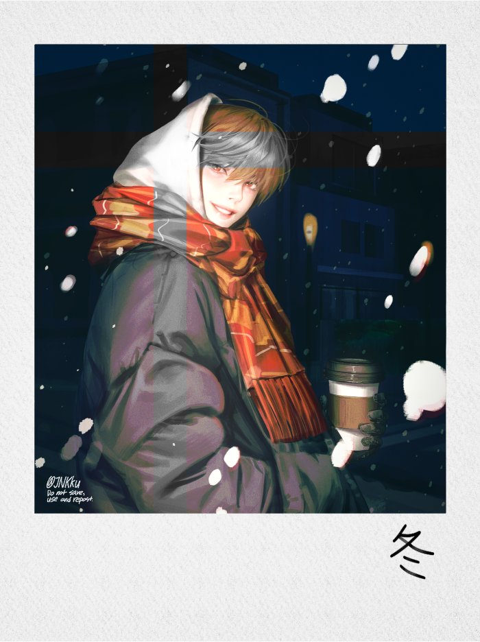 1boy black_gloves brown_hair coat coffee_cup cup death_note disposable_cup gloves grey_coat hair_between_eyes holding holding_cup hood hood_up jnkku looking_at_viewer male_focus outdoors parted_lips polaroid red_eyes red_scarf scarf short_hair smile snow snowing solo striped striped_scarf teeth twitter_username upper_body winter winter_clothes yagami_light
