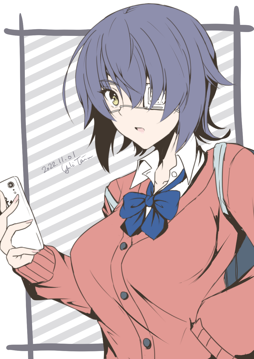 1girl alternate_costume artist_name bag blue_bow blue_bowtie bow bowtie cardigan cellphone dated eyepatch hand_in_pocket highres holding holding_phone kantai_collection long_sleeves looking_at_viewer loose_bowtie no_headgear open_mouth phone purple_hair red_cardigan short_hair shoulder_bag solo taira_yuuki tenryuu_(kancolle) yellow_eyes