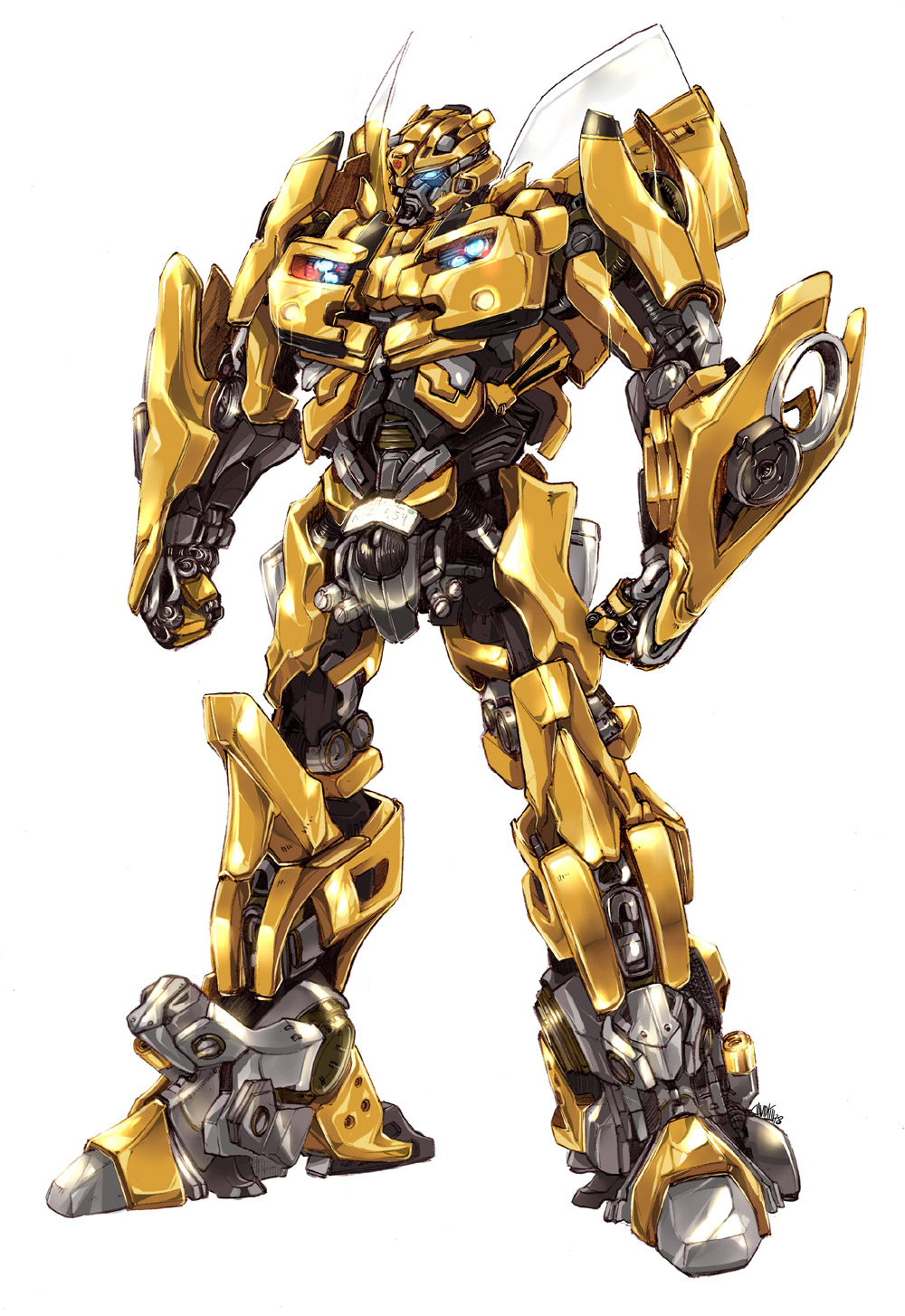 blue_eyes bumblebee_(transformers) clenched_hands completion_time david_liu english_commentary full_body glowing glowing_eye graphite_(medium) highres mecha mixed_media no_humans painttool_sai_(medium) robot science_fiction simple_background solo standing traditional_media transformers transformers_(live_action) white_background