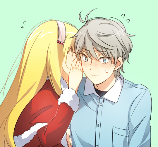 1boy 1girl aki_(neyuki41028) aldnoah.zero asseylum_vers_allusia bangs blonde_hair blue_background blue_shirt blush breast_pocket capelet closed_eyes couple dress_shirt fur-trimmed_capelet fur-trimmed_sleeves fur_trim grey_eyes grey_hair hair_between_eyes hairband hetero long_hair long_sleeves pocket red_capelet red_sleeves santa_costume shiny shiny_hair shirt short_hair sketch slaine_troyard sweatdrop upper_body white_hairband