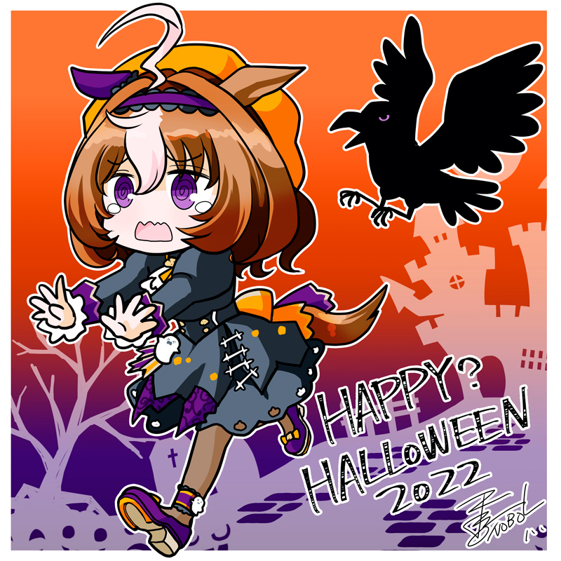 1girl ahoge animal_ears artist_name back_bow bangs bird black_dress black_pantyhose bloodpet bow brown_hair castle crow dated days_in_a_flash_(umamusume) dress ear_covers english_text fleeing frilled_sleeves frills ghost_ornament gradient gradient_background graveyard hairband halloween halloween_costume happy_halloween hat horse_ears horse_girl juliet_sleeves long_sleeves medium_dress medium_hair meisho_doto_(dot-o'-lantern)_(umamusume) meisho_doto_(umamusume) multicolored_hair official_alternate_costume orange_bow orange_headwear outline pantyhose puffy_sleeves purple_background purple_footwear purple_hairband red_background running shoes signature single_ear_cover solo tearing_up tree two-tone_hair umamusume violet_eyes wavy_mouth white_hair white_outline