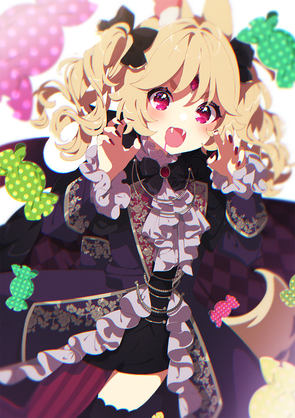 1girl :d aldin_nicola animal_ear_fluff animal_ears bangs black_bow black_coat black_shirt black_shorts black_thighhighs blonde_hair blood blood_from_mouth blurry blurry_foreground bow brooch candy_wrapper claw_pose coat commentary_request depth_of_field fangs forehead_jewel frilled_coat hair_between_eyes hair_bow hands_up highres jewelry long_hair long_sleeves looking_at_viewer mamyouda nail_polish pantyhose red_nails seventh_happiness shirt short_eyebrows short_shorts shorts simple_background single_leg_pantyhose single_thighhigh sleeves_past_wrists smile solo striped striped_pantyhose thick_eyebrows thigh-highs two_side_up vertical-striped_pantyhose vertical_stripes violet_eyes virtual_youtuber white_background