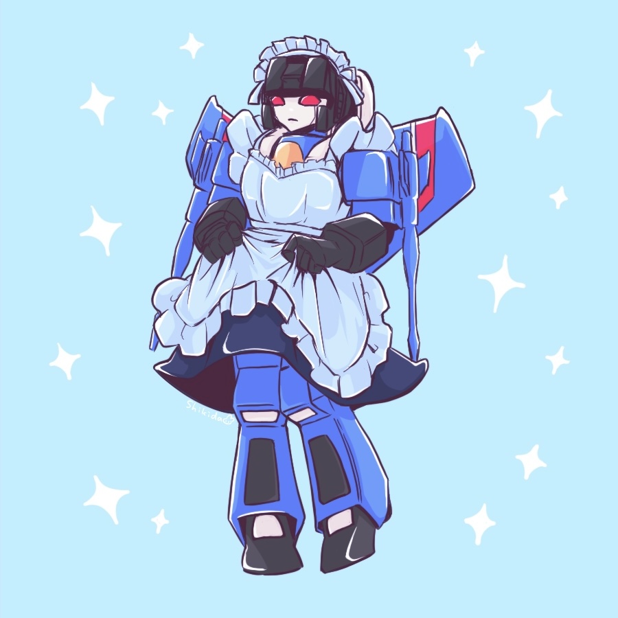 1boy apron arm_cannon blue_background character_request closed_mouth clothed_robot clothes_lift commentary_request decepticon maid_apron maid_headdress mecha red_eyes robot science_fiction shikida_2ss simple_background skirt skirt_lift star_(symbol) transformers weapon