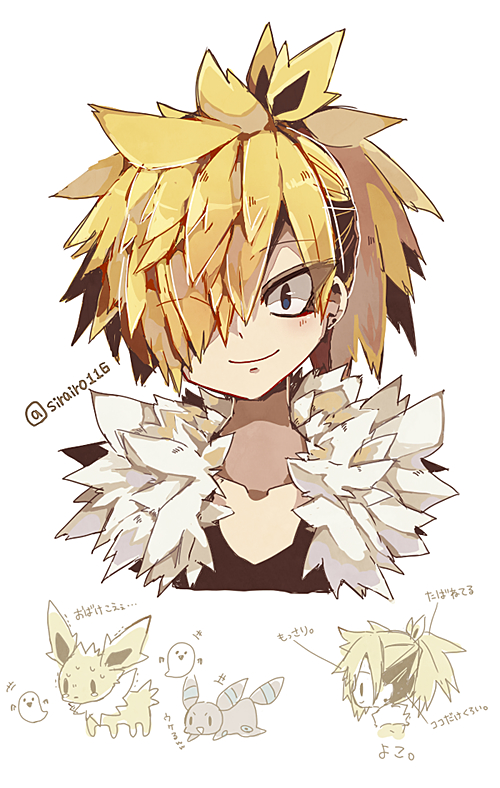 +++ 1boy alternate_color artist_name bangs black_hair black_shirt blonde_hair blue_eyes blush chibi chibi_inset closed_mouth collarbone commentary_request earrings fur_collar ghost hair_over_one_eye hair_ribbon happy jewelry jolteon light_blush looking_at_viewer male_focus multicolored_hair multiple_views one_eye_covered partial_commentary personification pokemon pokemon_(creature) ponytail profile ribbon shiny shiny_hair shiny_pokemon shira_(sirairo116) shirt sidelocks signature simple_background smile solid_oval_eyes spiky_hair stud_earrings sweat sweating_profusely tears twitter_username two-tone_hair umbreon upper_body white_background yellow_ribbon zapdos