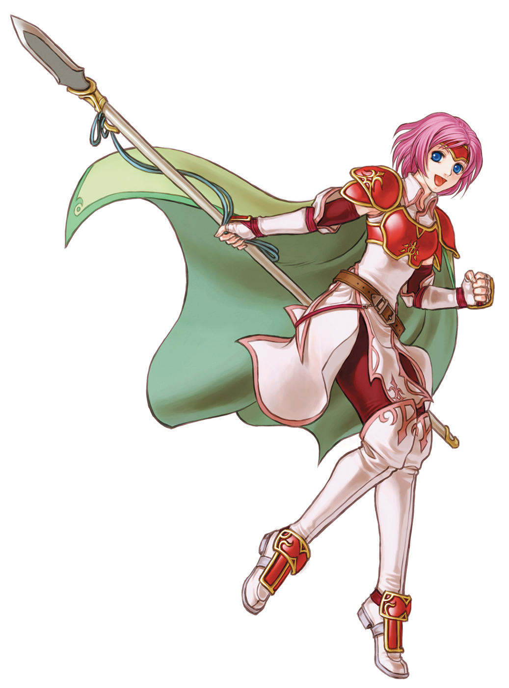 1girl armor belt blue_eyes boots breastplate cape clenched_hand female fingerless_gloves fire_emblem fire_emblem:_akatsuki_no_megami full_body gloves highres holding holding_polearm holding_spear holding_weapon kita_senri marcia official_art open_mouth pegasi pegasus_knight pink_hair polearm short_hair shoulder_armor simple_background solo spear thigh_boots thighhighs weapon white_background