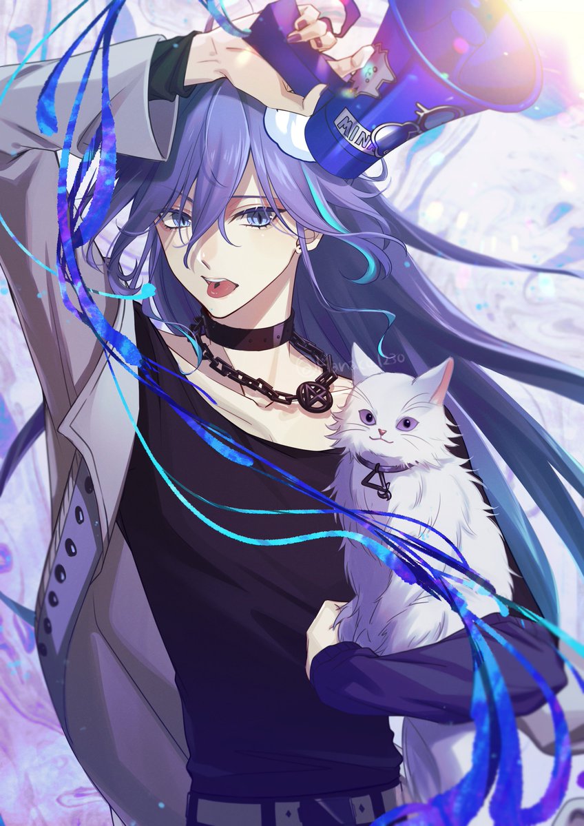 1boy animal aqua_hair arm_out_of_sleeve belt black_collar black_nails black_shirt blue_eyes blue_ribbon cat chain_necklace collar grey_jacket hair_between_eyes hanaco_(hanaco_1230) hand_up holding holding_animal holding_cat holding_megaphone holostars jacket jewelry long_hair long_sleeves looking_at_viewer male_focus megaphone minase_rio multicolored_hair necklace official_alternate_costume piercing purple_hair ribbon shirt solo sticker streaked_hair teeth tongue tongue_out tongue_piercing upper_body upper_teeth virtual_youtuber white_cat