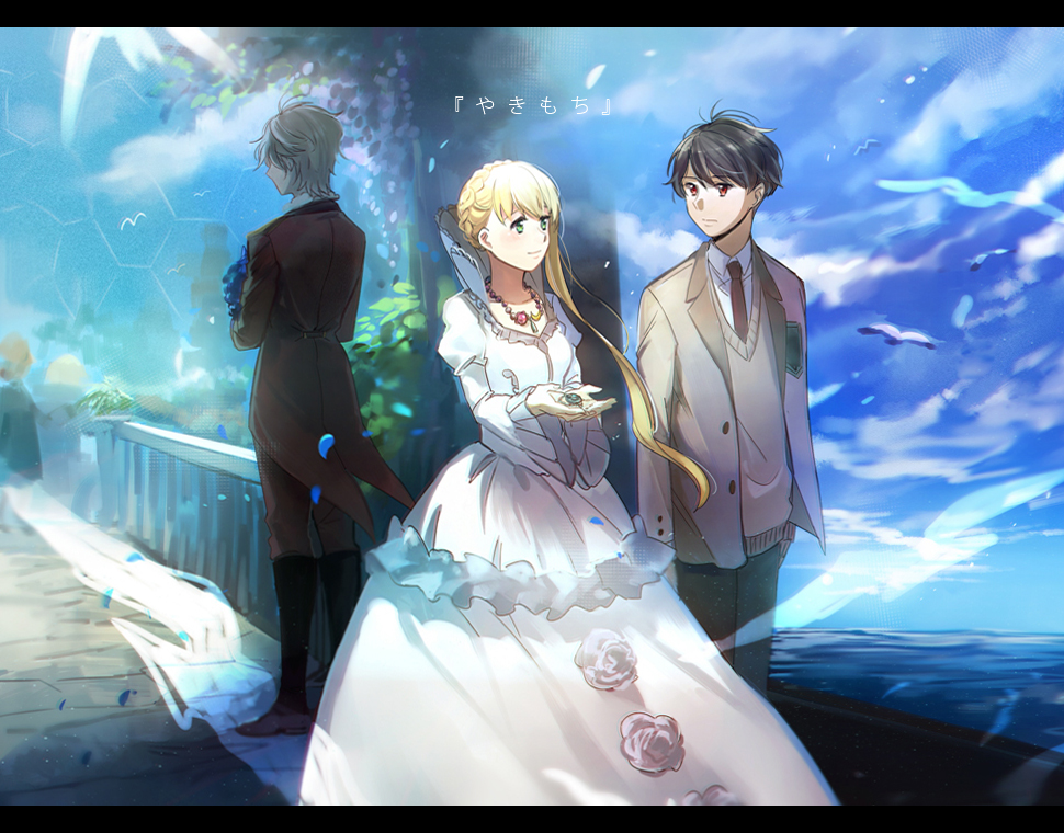 1girl 2boys aki_(neyuki41028) aldnoah.zero asseylum_vers_allusia black_footwear black_hair blazer blonde_hair blue_flower bouquet braid brown_jacket brown_pants closed_mouth collarbone collared_shirt crown_braid dress eye_contact floating_hair flower green_eyes grey_hair holding holding_bouquet jacket jewelry kaizuka_inaho long_dress long_hair long_sleeves looking_at_another military military_uniform multiple_boys necklace necktie open_clothes open_jacket pants red_eyes red_necktie school_uniform shiny shiny_hair shirt short_hair slaine_troyard smile sweater title uniform white_dress white_shirt wide_sleeves wing_collar