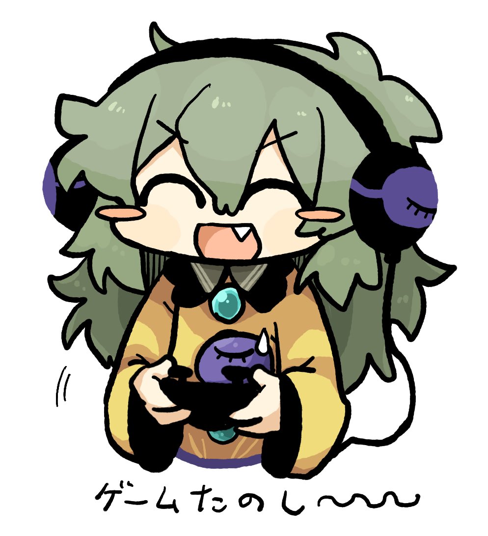 black_headwear blue_gemstone blush buttons cable chest_jewel closed_eyes controller fang fang_out game_controller gem green_hair happy headphones holding holding_controller holding_game_controller joystick komeiji_koishi open_mouth playing playing_games shirt simple_background smile sweat sweatdrop third_eye touhou yellow_shirt zunusama