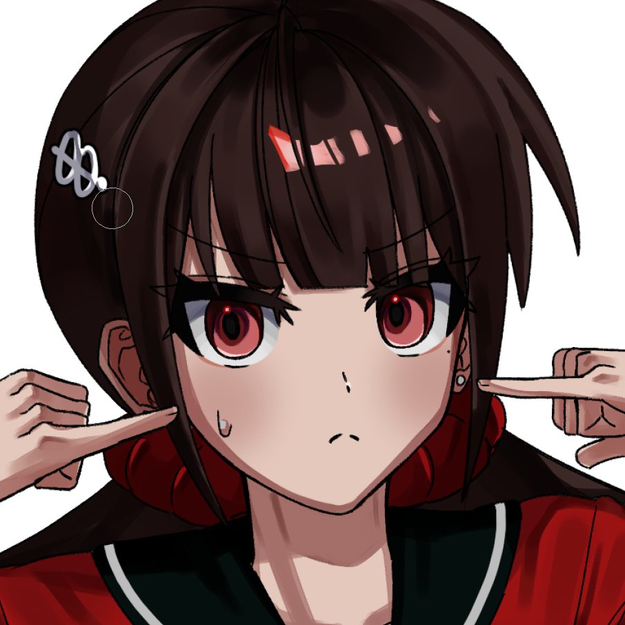 1girl bangs black_sailor_collar brown_hair danganronpa_(series) danganronpa_v3:_killing_harmony earrings frown hair_ornament hairclip hands_up harukawa_maki jewelry jilong_(eksrks99) looking_at_viewer low_twintails mole mole_under_eye red_eyes red_scrunchie red_shirt sailor_collar scrunchie shiny shiny_hair shirt simple_background solo twintails white_background