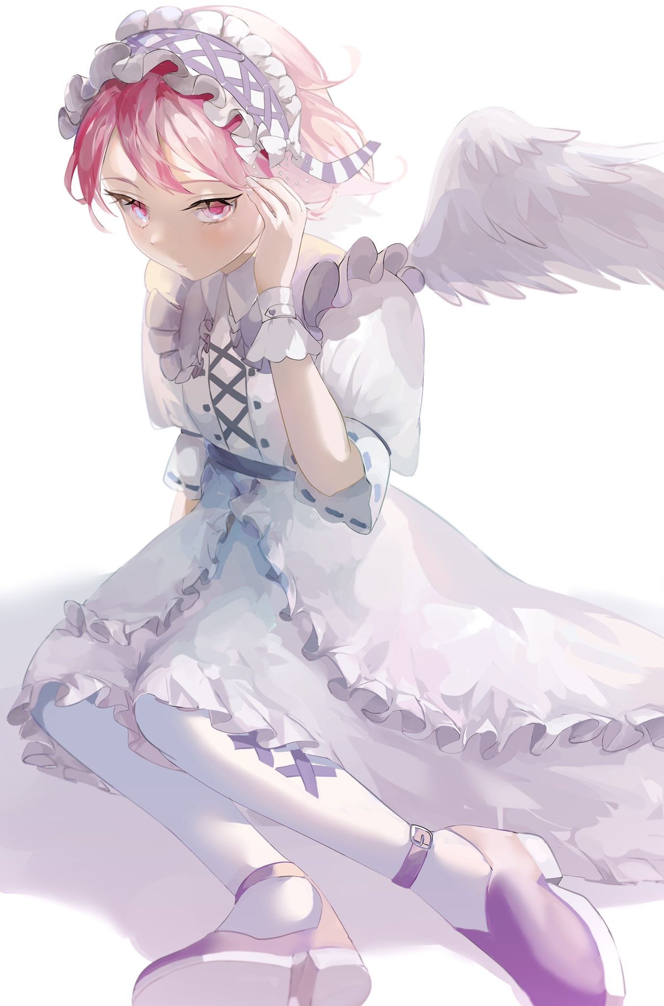 1girl byoushin_(song) closed_mouth dress expressionless feathered_wings highres looking_at_viewer mebuki_(moon_angel_4) nqrse on_ground pink_eyes pink_hair puffy_short_sleeves puffy_sleeves shadow short_sleeves simple_background sitting solo white_dress wings yokozuwari