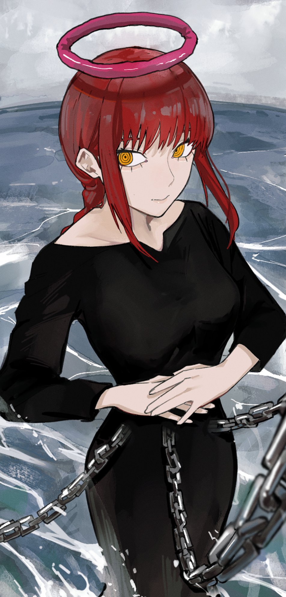 1girl bangs black_dress braid braided_ponytail breasts chain chainsaw_man dress halo highres long_hair looking_at_viewer makima_(chainsaw_man) medium_breasts ocean off_shoulder on_water orange_eyes own_hands_together redhead ringed_eyes sailen0 sidelocks sky solo water