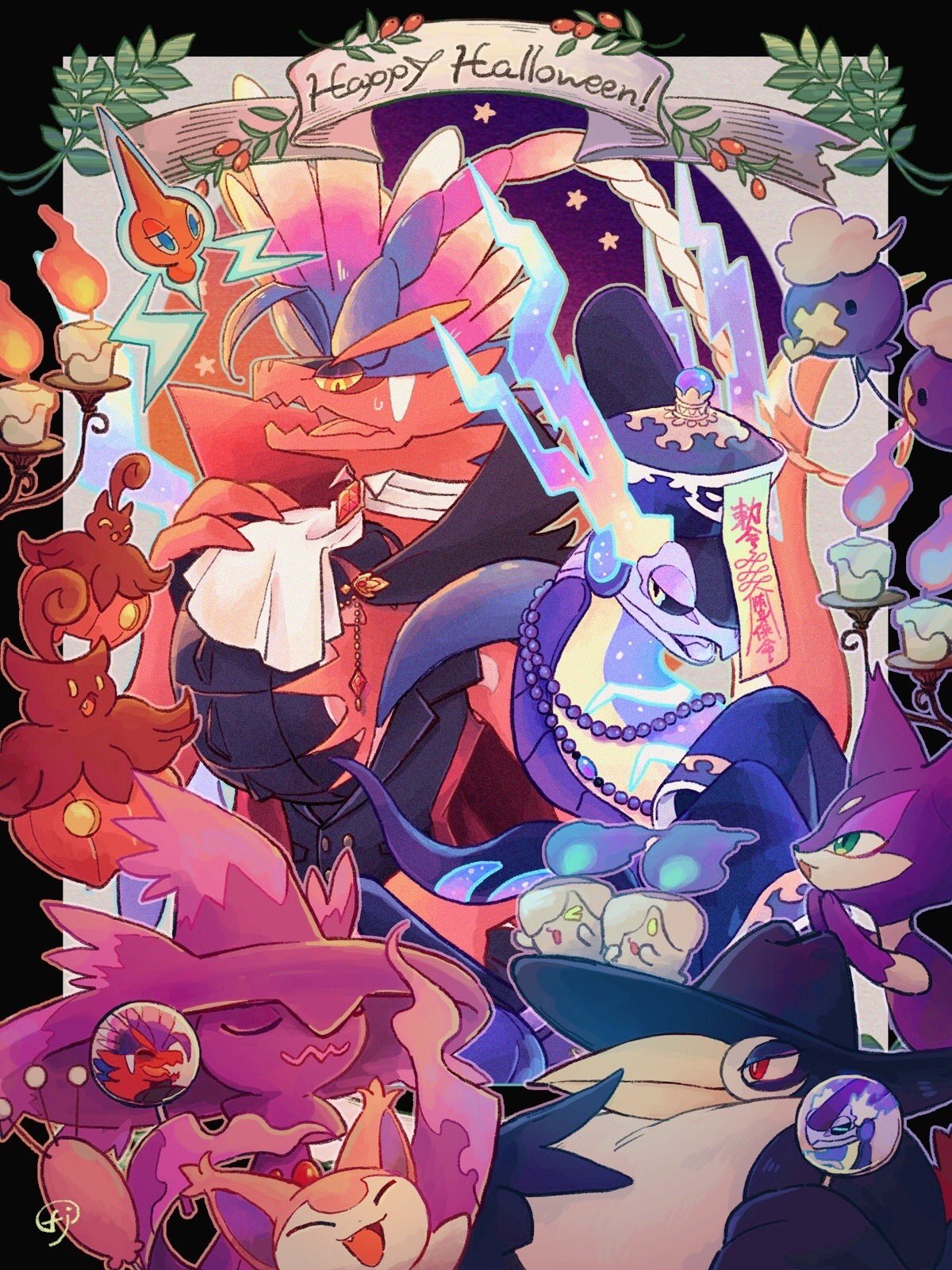 &gt;_&lt; ascot bright_pupils candle character_print chikafuji closed_eyes closed_mouth clothed_pokemon commentary_request drifloon fire flame green_eyes halloween happy_halloween hatted_pokemon highres honchkrow koraidon miraidon mismagius no_humans paddle pokemon pokemon_(creature) pumpkaboo purrloin red_eyes rotom rotom_(normal) skitty star_(symbol) sweatdrop wavy_mouth white_ascot white_pupils