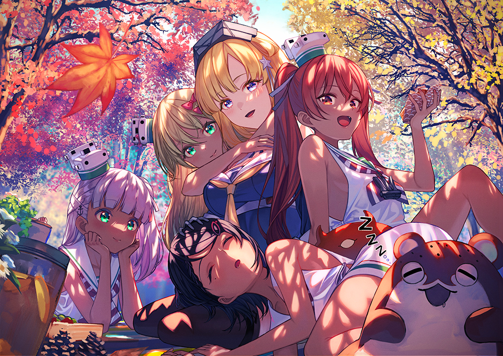 1other 5girls anchor_hair_ornament anchor_ornament autumn_leaves black_hair blonde_hair blue_shirt bokukawauso bow breasts brown_eyes brown_hair closed_eyes commentary_request day double_bun dress fletcher_(kancolle) flower food grecale_(kancolle) green_eyes hair_bun hair_ornament hair_ribbon ice_cream kantai_collection large_breasts leaf libeccio_(kancolle) long_hair low-cut_armhole lying maestrale_(kancolle) mascot mole mole_under_eye multiple_girls neckerchief odd_one_out one_side_up otter outdoors petals picnic picnic_basket pink_bow ribbon sailor_collar sailor_dress scirocco_(kancolle) shirt short_hair side-tie_dress sitting skirt sleeping sleeveless sleeveless_dress star_(symbol) star_hair_ornament striped_neckerchief tan tree twintails unowen wavy_hair white_dress white_hair white_ribbon white_sailor_collar white_skirt yellow_neckerchief zzz