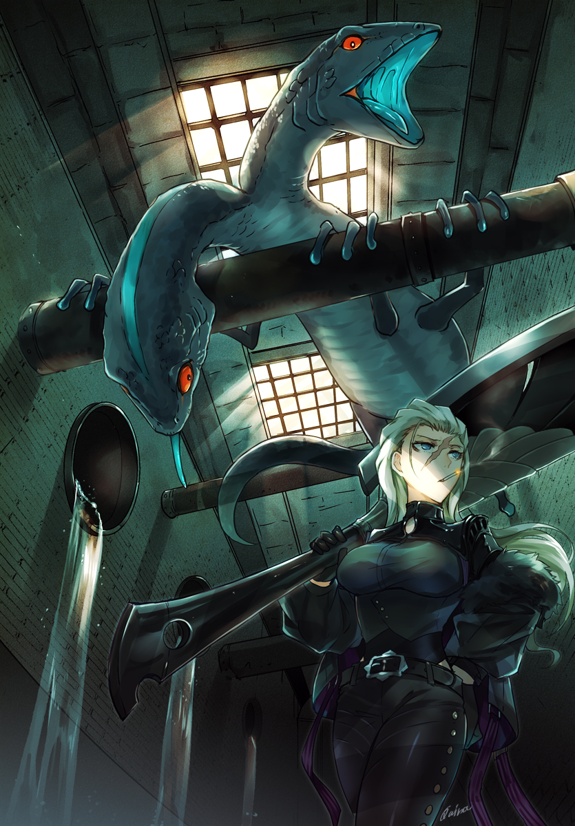 1girl asher_(pfsoz) belt black_gloves black_pants blue_eyes breasts cigarette fur_trim gloves hair_slicked_back highres holding holding_weapon kuina_(escapegoat) large_breasts lizard long_hair monster mouth_hold over_shoulder pants pixiv_fantasia pixiv_fantasia_scepter_of_zeraldia scar sewer smoking sunlight water waterfall weapon white_hair
