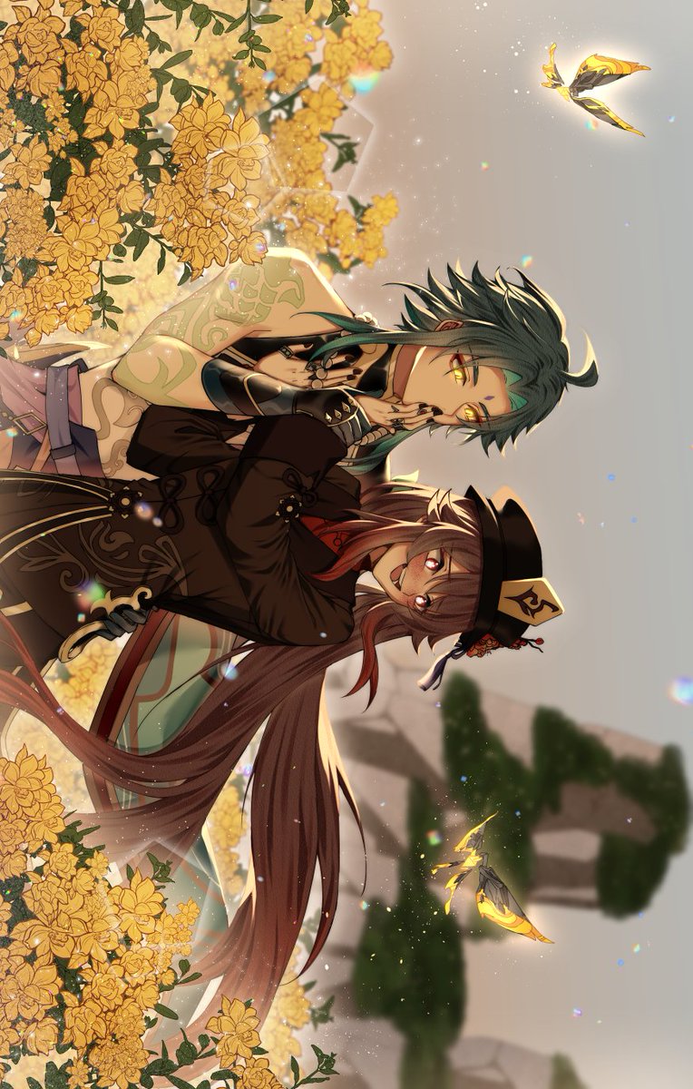 1boy 1girl black_headwear black_jacket blurry blurry_background blush brown_hair cinanna008 colored_tips crystalfly_(genshin_impact) english_commentary floating_hair flower genshin_impact glowing glowing_eyes green_hair hair_behind_ear hetero highres hu_tao_(genshin_impact) jacket kiss kissing_hand long_hair looking_down mountain multicolored_hair open_mouth red_eyes redhead short_hair_with_long_locks smile very_long_hair xiao_(genshin_impact) yellow_eyes yellow_flower