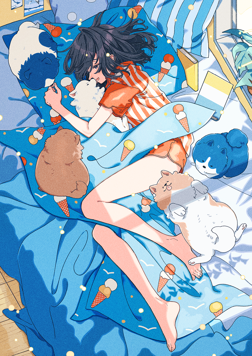 1girl 5others animal animal_ears barefoot bed bed_sheet bedroom black_hair blanket book dog dog_ears dog_tail feet highres holding holding_animal indoors keishin legs looking_at_another lying multiple_others on_bed on_side original pajamas pet pillow plant pomeranian_(dog) potted_plant tail toes too_many_dogs window