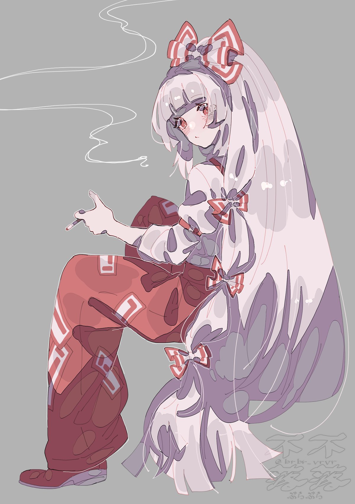 1girl arm_strap bangs blunt_bangs bow brbr_vrvr cigarette closed_mouth commentary from_behind fujiwara_no_mokou full_body grey_background grey_hair grey_shirt hair_bow highres holding holding_cigarette long_hair looking_at_viewer looking_back pants ponytail red_bow red_eyes red_footwear red_pants shirt simple_background sleeves_past_elbows smoke solo suspenders touhou very_long_hair watermark white_bow