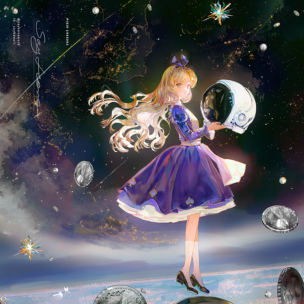 1girl alice_(alice_in_wonderland) alice_in_wonderland apron blonde_hair blue_bow blue_dress blue_eyes bow coin commentary dress earth_(planet) english_commentary floating_hair from_side hair_bow holding instagram_username juliet_sleeves long_hair long_sleeves looking_at_viewer looking_to_the_side pixiv_id planet puffy_sleeves say_hana signature solo space space_helmet twitter_username very_long_hair white_apron