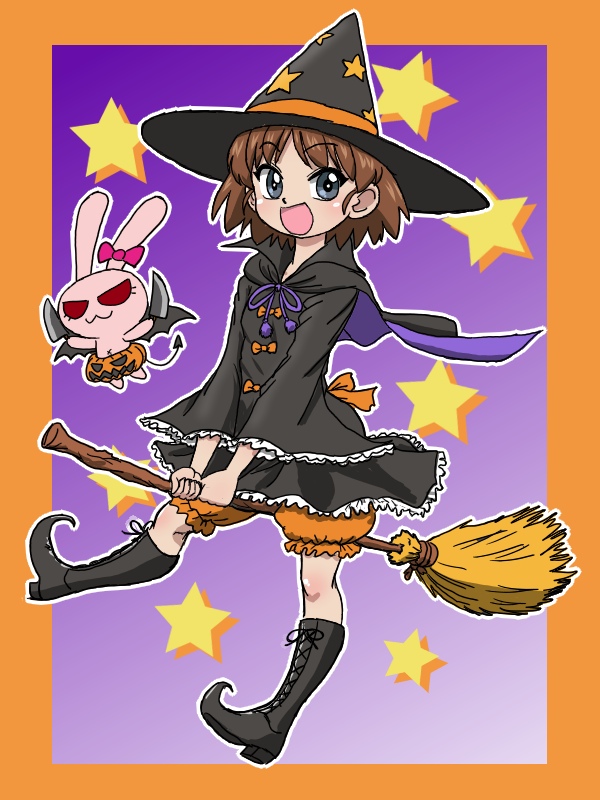 1girl :d bangs black_cape black_footwear black_headwear black_shirt black_skirt bloomers blouse blue_eyes boots border broom broom_riding brown_hair cape commentary cross-laced_footwear floating girls_und_panzer halloween hat jack-o'-lantern_print knife lace-up_boots looking_at_viewer miniskirt open_mouth orange_bloomers orange_border outline pointy_footwear rabbit sakaguchi_karina shirt short_hair skirt smile solo star_(symbol) star_print starry_background takahashi_kurage underwear white_outline witch_hat