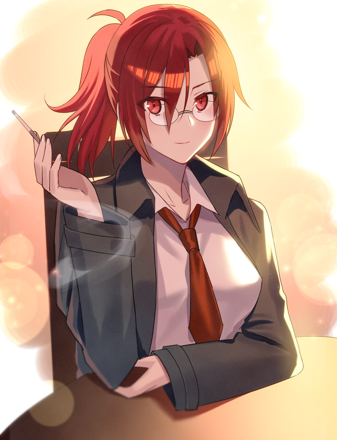 1girl aozaki_touko cigarette fuyuki_(neigedhiver) glasses highres holding holding_cigarette kara_no_kyoukai necktie red_eyes red_necktie redhead solo