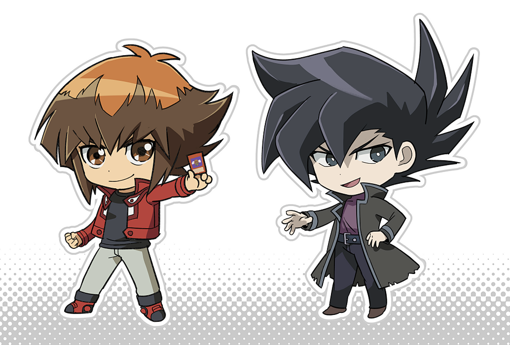 2boys aoki_(fumomo) bangs black_coat black_hair black_shirt brown_eyes card chibi coat duel_academy_uniform_(yu-gi-oh!_gx) full_body grey_eyes hair_between_eyes holding holding_card jacket long_sleeves looking_at_viewer male_focus manjoume_jun multicolored_hair multiple_boys open_clothes red_jacket shirt short_hair smile spiky_hair standing two-tone_hair winged_kuriboh yu-gi-oh! yu-gi-oh!_gx yuuki_juudai