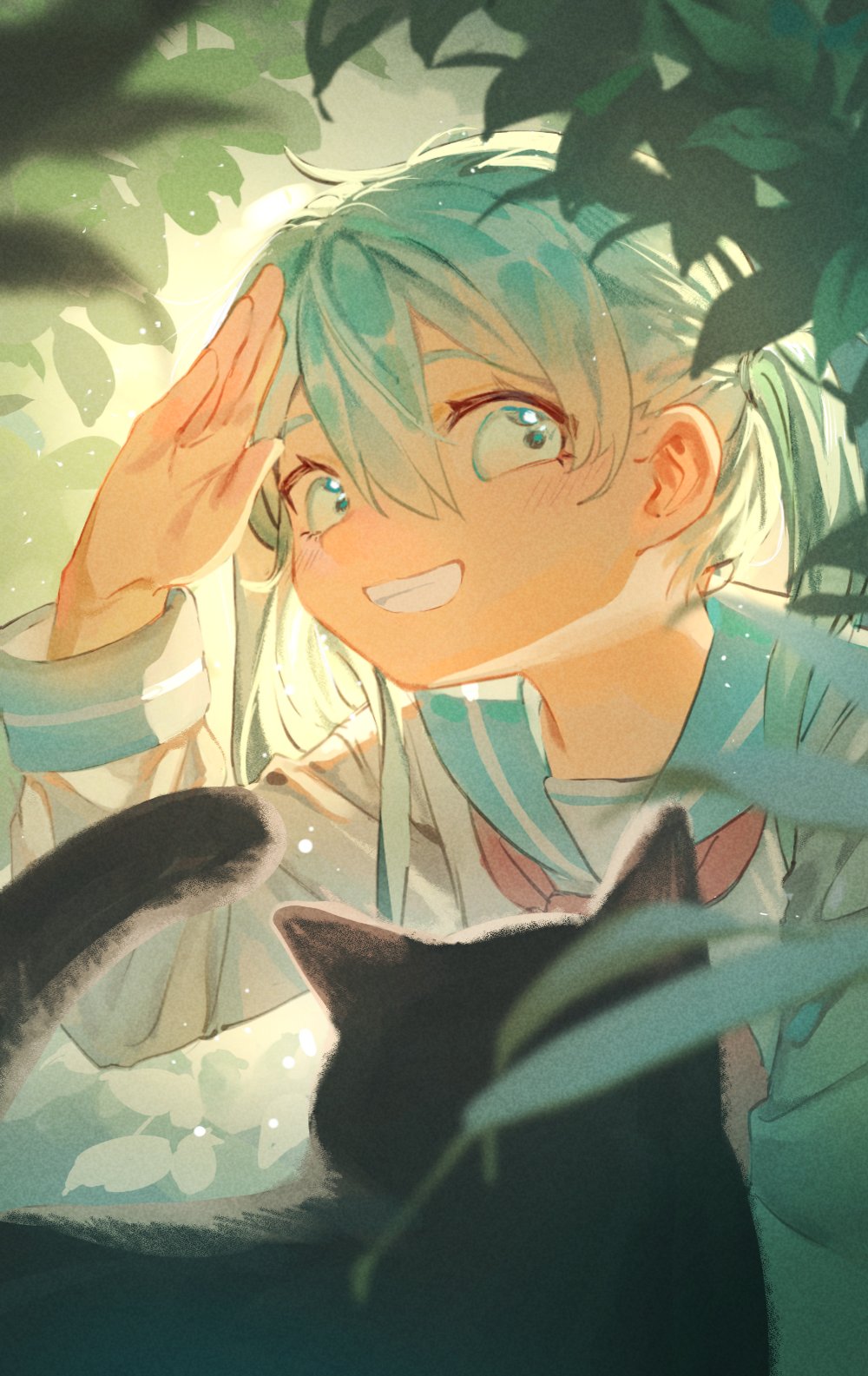 1girl animal aqua_eyes aqua_hair black_cat blurry blush bush cat chi_chi3939 day depth_of_field english_commentary grin hand_up happy hatsune_miku highres light_particles long_hair long_sleeves looking_at_animal looking_at_viewer mixed-language_commentary nature outdoors school_uniform serafuku shading_eyes smile sunlight twintails very_long_hair vocaloid