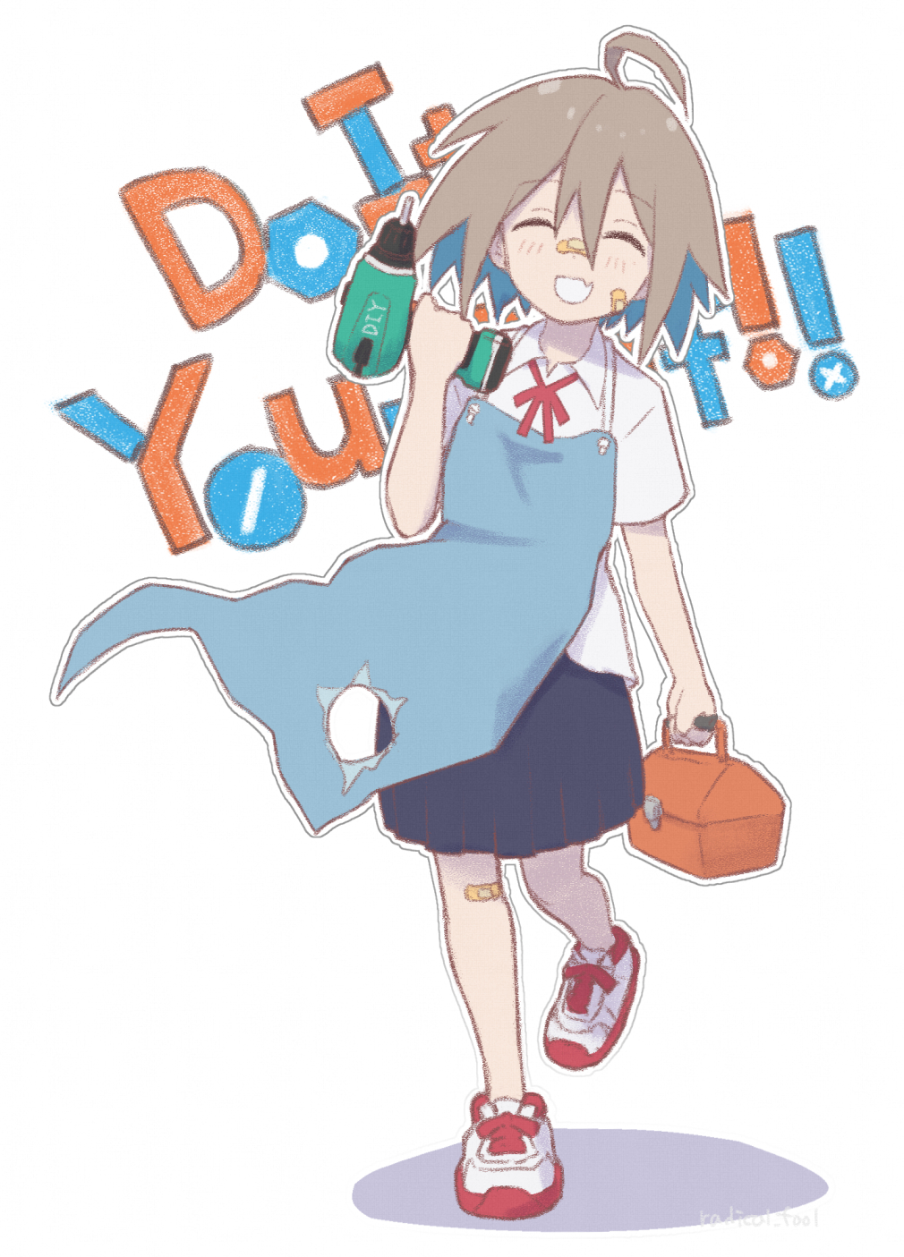 1girl ^_^ ^o^ ahoge apron bandaid bandaid_on_face bandaid_on_knee bandaid_on_leg bandaid_on_nose bangs blue_apron blue_skirt blush closed_eyes collared_shirt copyright_name do_it_yourself!! dot_nose drill facing_viewer fang film_grain full_body grey_hair hair_between_eyes hand_drill hand_up happy highres holding hole leg_up long_bangs neck_ribbon no_socks open_mouth outline pleated_skirt radicalfool red_footwear red_ribbon ribbon school_uniform shirt shoelaces shoes short_hair short_sleeves signature skin_fang skirt smile sneakers solo standing toolbox torn_clothes two-tone_footwear walking white_background white_footwear white_outline white_shirt wing_collar yua_serufu