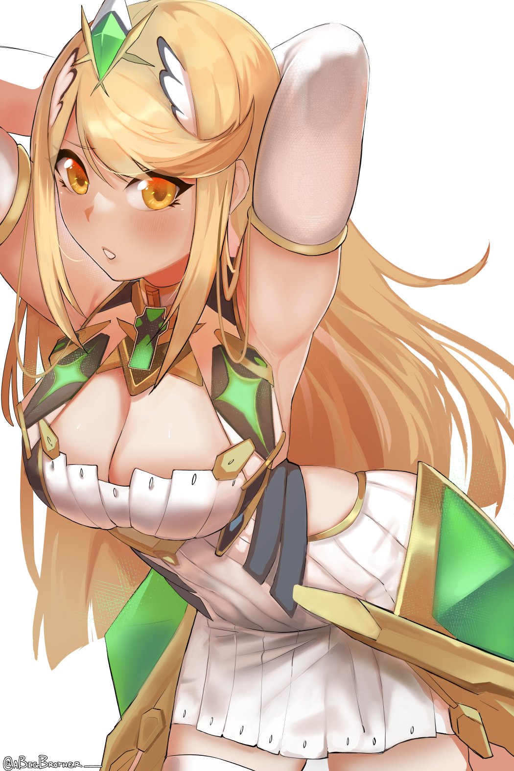 1girl a_big_brother armpits arms_behind_head blonde_hair breasts dress gem hair_ornament highres jewelry large_breasts leaning_forward legs long_hair looking_at_viewer mythra_(xenoblade) nintendo pose solo thighs tiara xenoblade_chronicles_(series) xenoblade_chronicles_2 yellow_eyes