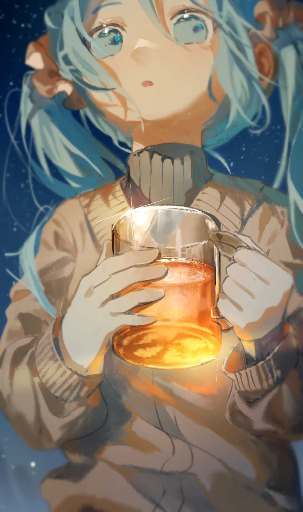 1girl aqua_hair bangs black_sweater blue_eyes blue_hair blurry brown_sweater chi_chi3939 cup depth_of_field drink drinking_glass english_commentary from_below glass hair_ornament hair_over_shoulder hair_scrunchie hands_up hatsune_miku highres holding holding_cup layered_clothes long_hair long_sleeves looking_afar mixed-language_commentary mug night night_sky parted_lips scrunchie sky solo star_(sky) stargazing starry_sky sweater turtleneck twintails upper_body vocaloid