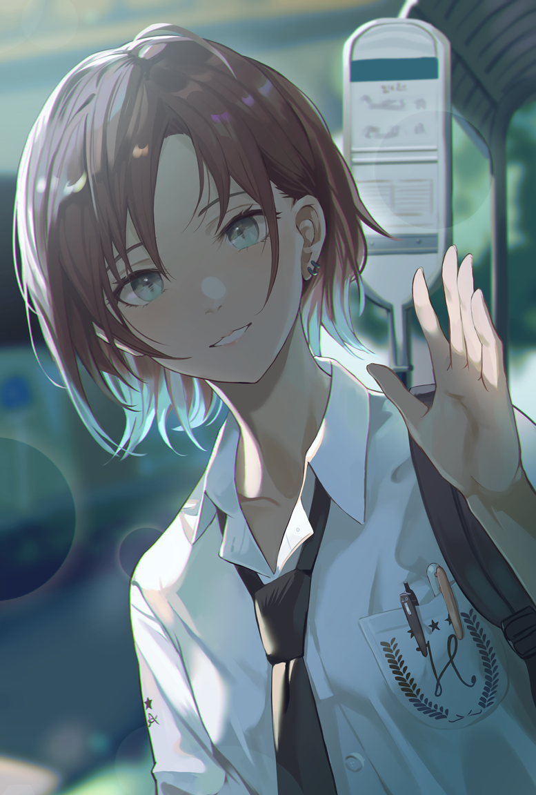 1girl asakura_toru black_necktie blurry blurry_background brown_hair collarbone collared_shirt earrings green_eyes grin idolmaster idolmaster_shiny_colors jewelry looking_at_viewer necktie niac outdoors school_uniform shirt short_hair smile solo waving white_shirt