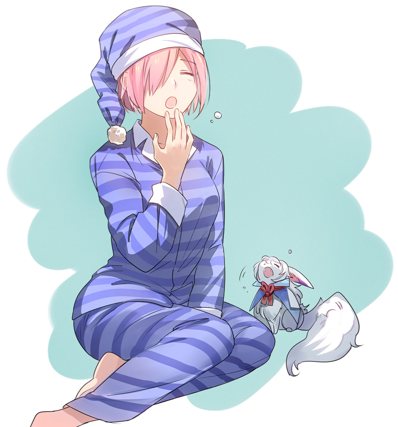 1girl :o aki_(neyuki41028) barefoot between_legs blue_headwear blue_pants blue_shirt closed_eyes collarbone dress_shirt fate/grand_order fate_(series) fou_(fate) hair_over_one_eye hand_between_legs long_sleeves mash_kyrielight open_mouth pajamas pants pink_hair shirt short_hair sitting sleepwear solo striped striped_headwear striped_pants striped_shirt yawning