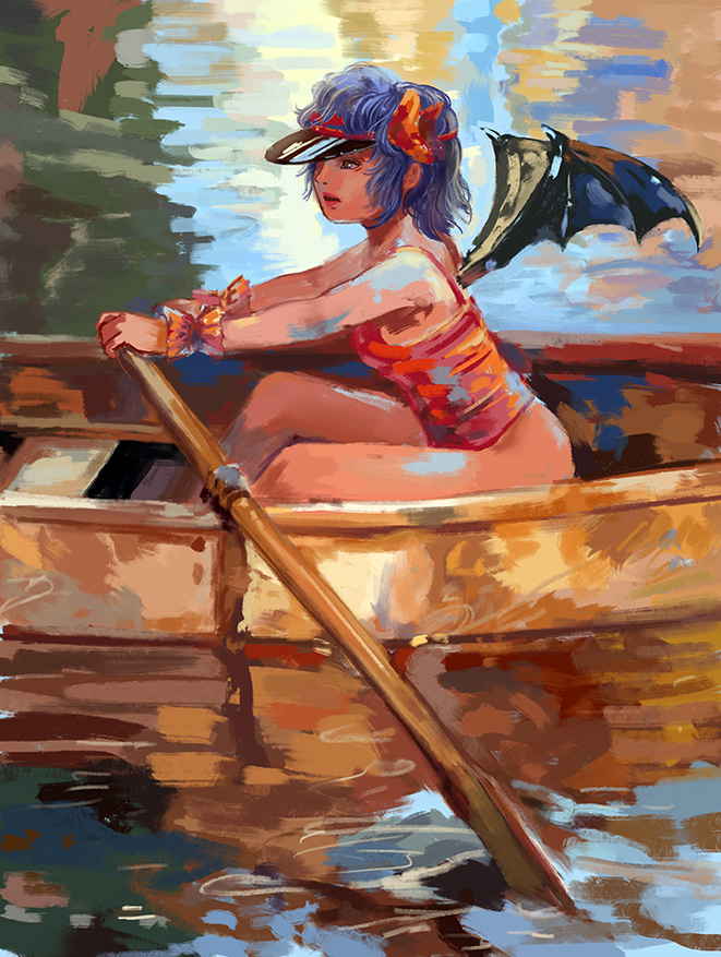 amibazh bat_wings blue_hair boat faux_traditional_media fine_art_parody impressionism lake parody red_eyes red_lips red_one-piece_swimsuit red_ribbon remilia_scarlet ribbon rowing short_hair swimsuit texture thighs touhou visor_cap watercraft wings wrist_cuffs